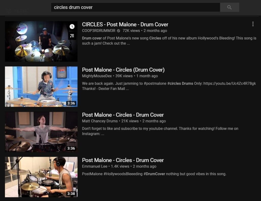 YouTube search for circles drum cover