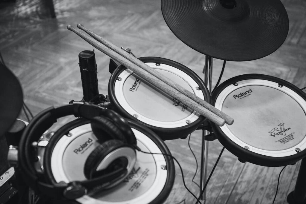 Roland electronic drum set in black and white